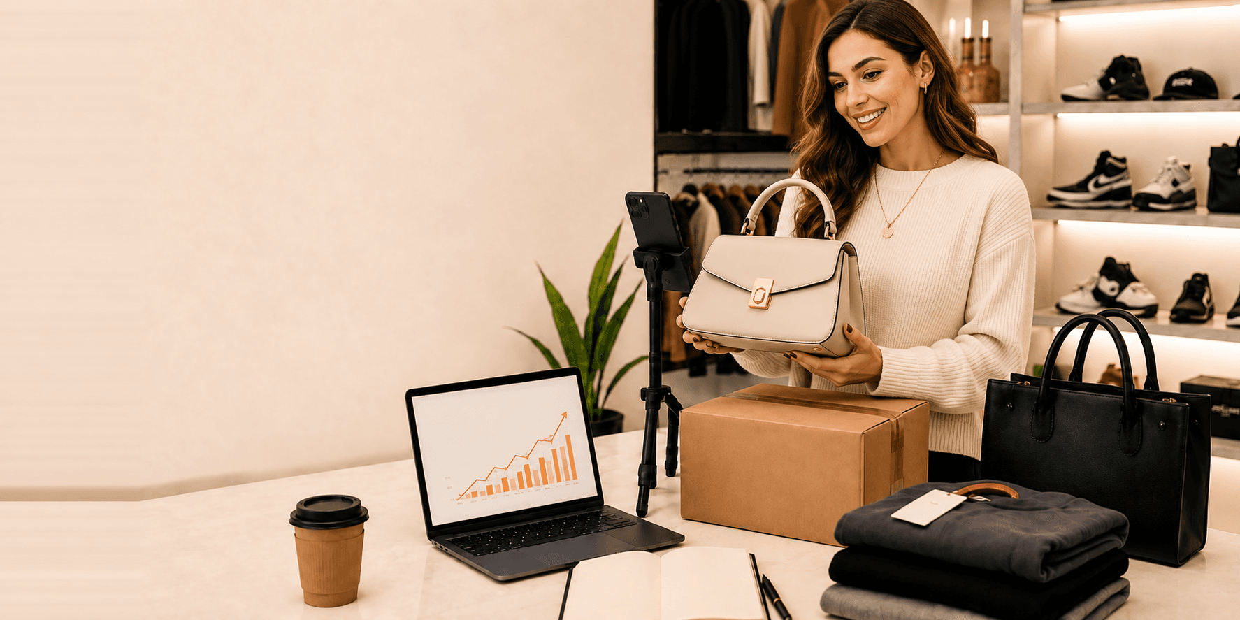 A PomBuy seller presenting a handbag live from her fashion studio