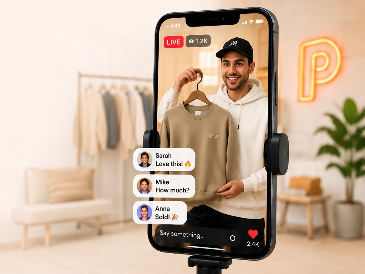 A seller presenting a fashion item during a PomBuy live sale